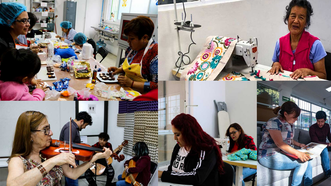 Mujeres realizando actividades culturales y aprendiendo oficios en distintos PILARES. Fotos: Gobierno de la Ciudad de México.